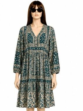 Anthropologie Maeve Canna Printed Boho Green Teal Sheer Dress Size 4